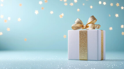 Aufkleber - beautifully wrapped gift box with golden ribbon on blue background, surrounded by sparkling stars, evokes sense of celebration and joy