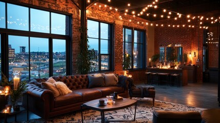 Poster - A living room with a brown couch, a coffee table, and a potted plant