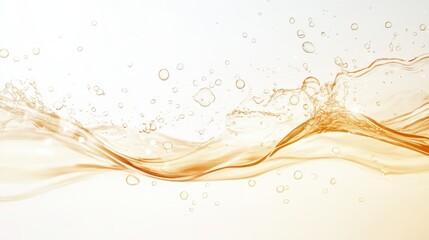 Poster - Golden liquid splashing, creating dynamic waves and foamy bubbles against pristine white surface, highlighting fluid motion for beverage, cosmetic, and product design contexts