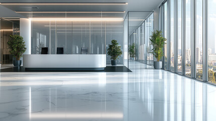 Aufkleber - Modern office reception area with elegant marble flooring and large windows