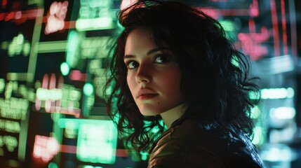 Poster - A woman with curly hair is staring at a computer screen with a lot of numbers
