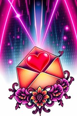 Fototapete - A vibrant illustration of a love letter with a glowing heart, adorned with ornate floral elements and set against a backdrop of binary code and neon lights