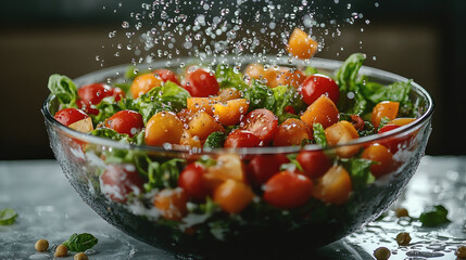 Poster - Freshly washed salad with vibrant tomatoes and greens, glistening with water droplets