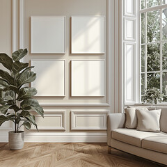 Aufkleber - modern interior featuring empty frames on light wall, large window, and potted plant, creating serene atmosphere