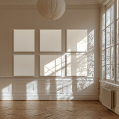 Poster - bright, minimalist room with empty frames on wall, showcasing natural light and shadows