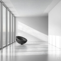 Poster - modern black chair in minimalist white room with large windows and ocean view. sunlight creates beautiful patterns on floor