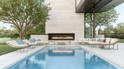 Aufkleber - Modern outdoor space with fireplace, pool, and comfortable seating