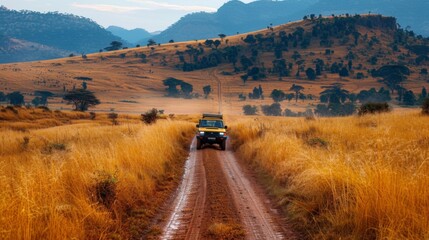 Poster - A rugged vehicle travels along a dirt road surrounded by tall grasslands and rolling hills as the sun rises. The landscape features distant mountains and a serene atmosphere.