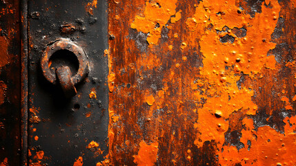 Poster - A close-up of a weathered door featuring peeling orange paint and a rusted circular handle, showcasing texture and age
