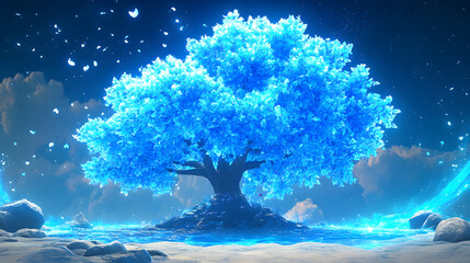 Poster - A luminous blue tree stands majestically against a serene backdrop, radiating a magical atmosphere