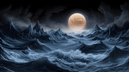 Poster - A dramatic seascape at night, featuring towering waves illuminated by a large, glowing moon against a dark sky