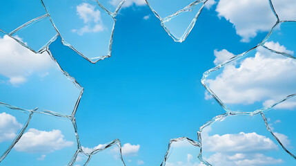 Poster - A shattered glass pane reveals a bright blue sky with fluffy white clouds, creating a striking contrast between fragility and beauty