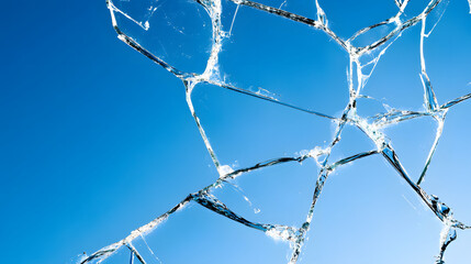 Poster - A close-up of shattered glass against a bright blue sky, highlighting the intricate patterns and reflections within the fragments