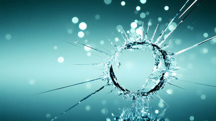 Poster - A captivating close-up of a water splash creating a circular pattern, surrounded by soft, shimmering bubbles against a serene blue background
