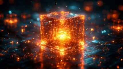 Wall Mural - Glowing Cube Abstract Art Vivid Orange and Blue Hues. AI Generated