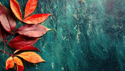 Aufkleber - vibrant autumn leaves on textured dark teal background, artistic seasonal composition for elegant designs and atmospheric decor


