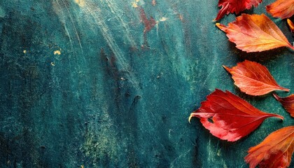 Poster - vibrant autumn leaves on textured dark teal background, artistic seasonal composition for elegant designs and atmospheric decor

