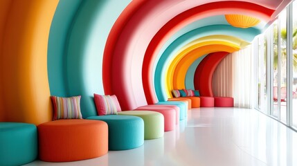Poster - This beautiful seating area showcases smooth curves in pastel colors, creating a soothing yet engaging environment for relaxation or social interaction.
