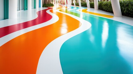 Poster - A dynamic and colorful wavy floor design utilizes bold hues on a smooth surface, creating an engaging and cheerful atmosphere in a modern environment.