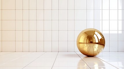 Poster - This image features a reflective golden sphere placed against a backdrop of clean, white tiled walls, emphasizing simplicity and luxury in design.