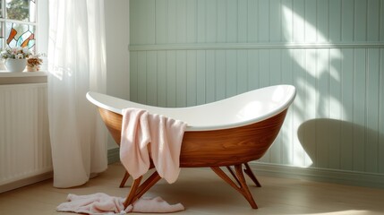 Poster - A modern wooden rocking chair placed by a sunlit window, creating an inviting space filled with warmth and comfort, ideal for relaxation and enjoying quiet moments.