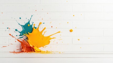 Poster - This image showcases a dynamic explosion of colorful paint splashes in vibrant hues against a clean white brick background, creating a captivating artistic expression.