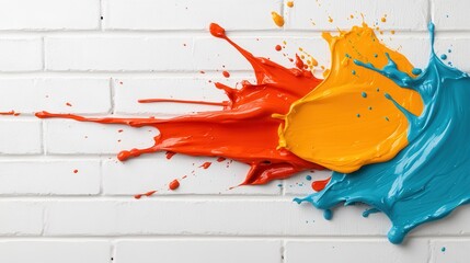 Poster - An eye-catching display of orange, yellow, and blue paint drips against a white brick surface reflects modern artistry and bold expression in visual art.