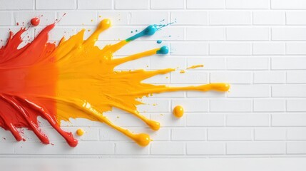Poster - A dynamic splash of red, orange, and blue paint on a clean white brick wall illustrates creativity and artistic expression, perfect for modern design themes.