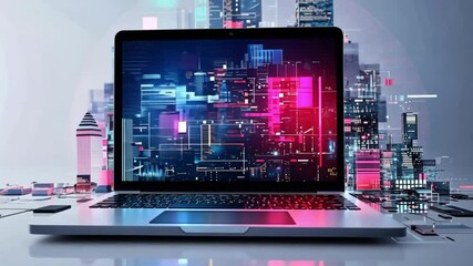 Poster - Digital Metropolis: A Futuristic Vision of Technology and Urbanization Emerging from a Laptop Screen