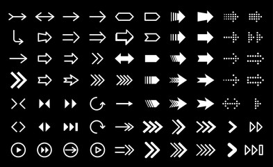 Poster - Collection different arrow set. Circular rotation loading elements, redo process. Collection different arrow signs. Modern simple arrows. White arrows, cursors on black background. Vector illustration