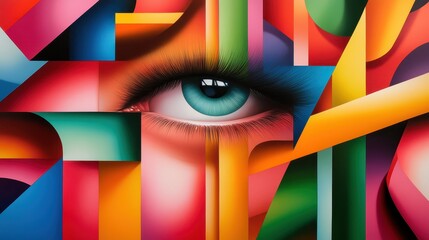 Poster - A captivating abstract art piece focusing on an eye surrounded by vibrant geometric shapes, expressing emotion and depth through dynamic colors and forms.
