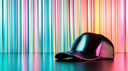 Poster - A stylish black cap positioned on a reflective surface surrounded by colorful vertical stripes, emphasizing modern design and vibrant aesthetics.