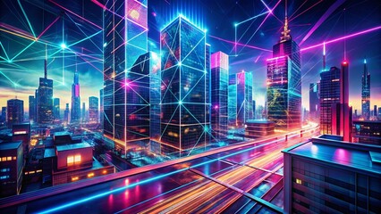Poster - Abstract Neon Data Stream Architecture: Futuristic Digital Building Background