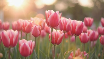 Wall Mural - Blooming Tulips in the Sunlight: A close-up shot of a vibrant field of tulips, bathed in the soft glow of the sun, symbolizing springtime, joy, and beauty.