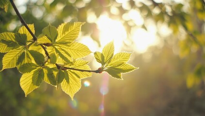Wall Mural - Golden Hour Embrace: Sunshine streams through fresh leaves, casting a warm glow across the branches in a burst of springtime radiance.