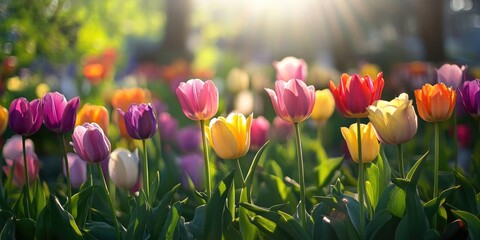 Wall Mural - A Symphony of Colors: A vibrant field of tulips bursts into bloom, painted with a rich palette of colors under a sun-drenched sky. The lush landscape invites a sense of tranquility.