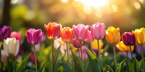 Wall Mural - Tulip Garden in Sunlight: A vibrant display of colorful tulips basks in the warm glow of sunlight, creating a picturesque spring scene.