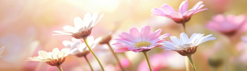 Wall Mural - Blooming Harmony: Close-up shot of daisies, offering a view of the delicate petals and a soft touch that evokes feelings of calmness and spring renewal.