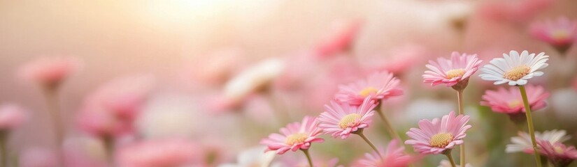 Wall Mural - Blooming Garden: A delicate close-up showcasing a vibrant patch of daisies, their soft petals in shades of pink and white bathed in sunlight.