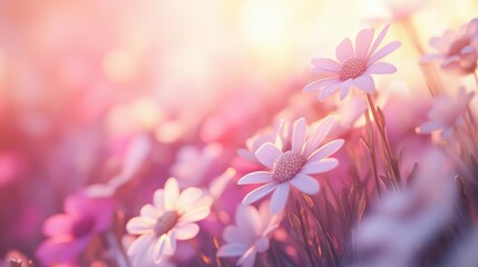 Wall Mural - Field of Daisy: A close-up shot of vibrant field of daisies under sunlight, creates a romantic and calming atmosphere. 
