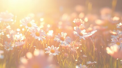 Wall Mural - Daisy Dream: A field of delicate daisies bathed in the warm, golden light of the sun. Capturing the essence of spring and serenity, this image evokes feelings of peace and natural beauty.