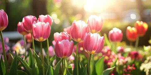Wall Mural - Pink Tulips in Sunlight: A vibrant cluster of pink tulips basks in the warm glow of the setting sun, their petals delicately catching the light.