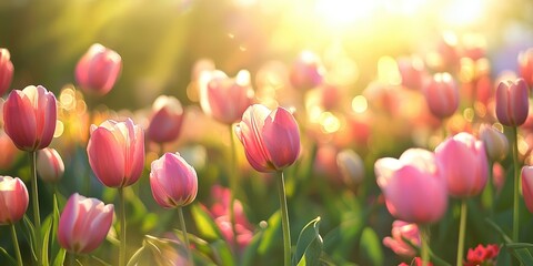 Wall Mural - Field of Pink Tulips: A vibrant and colorful field of pink tulips basks in the warm embrace of the sun, their delicate petals illuminated by the golden light. 