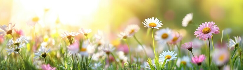 Wall Mural - Blooming Meadow: A close-up view captures a vibrant field of blooming flowers, bathed in warm sunlight, with a soft bokeh effect.