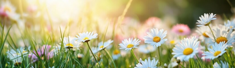 Wall Mural - Field of Daisies and Sunlight: A close-up, panoramic view of a field bursting with daisies bathed in golden sunlight, creating a scene of pure joy and natural beauty.