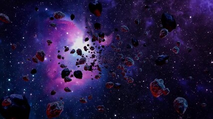 Wall Mural - Massive dark asteroids drifting across luminous cosmic nebula, revealing mysterious interstellar expanse with ethereal galactic movement and surreal celestial beauty
