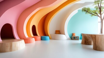 Poster - An artistic interior featuring fluid walls in various colors, separate seating options, and a tree, creating a playful and tranquil atmosphere for relaxation.