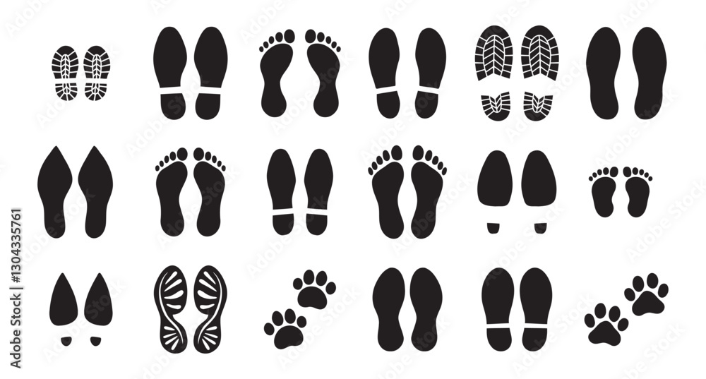 Human bare walk footprints shoes and shoe sole Kids feet vector set ...