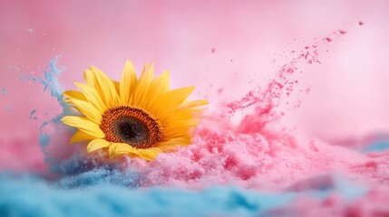 Poster - A vibrant sunflower amidst a burst of colorful powder, creating a lively and playful visual that symbolizes joy, celebration, and creativity in art.