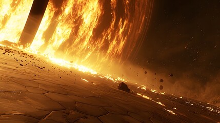 Wall Mural - Fiery Cosmic Landscape with Erupting Lava and Asteroids in a Dark Expanse of Space